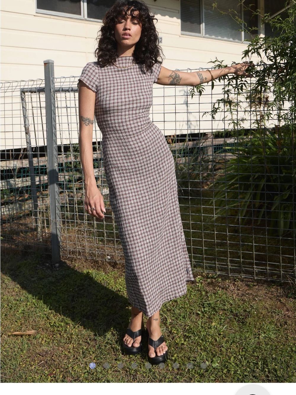 Afends Checked Seedsucker Elodie Maxi Dress in Brown and Cream